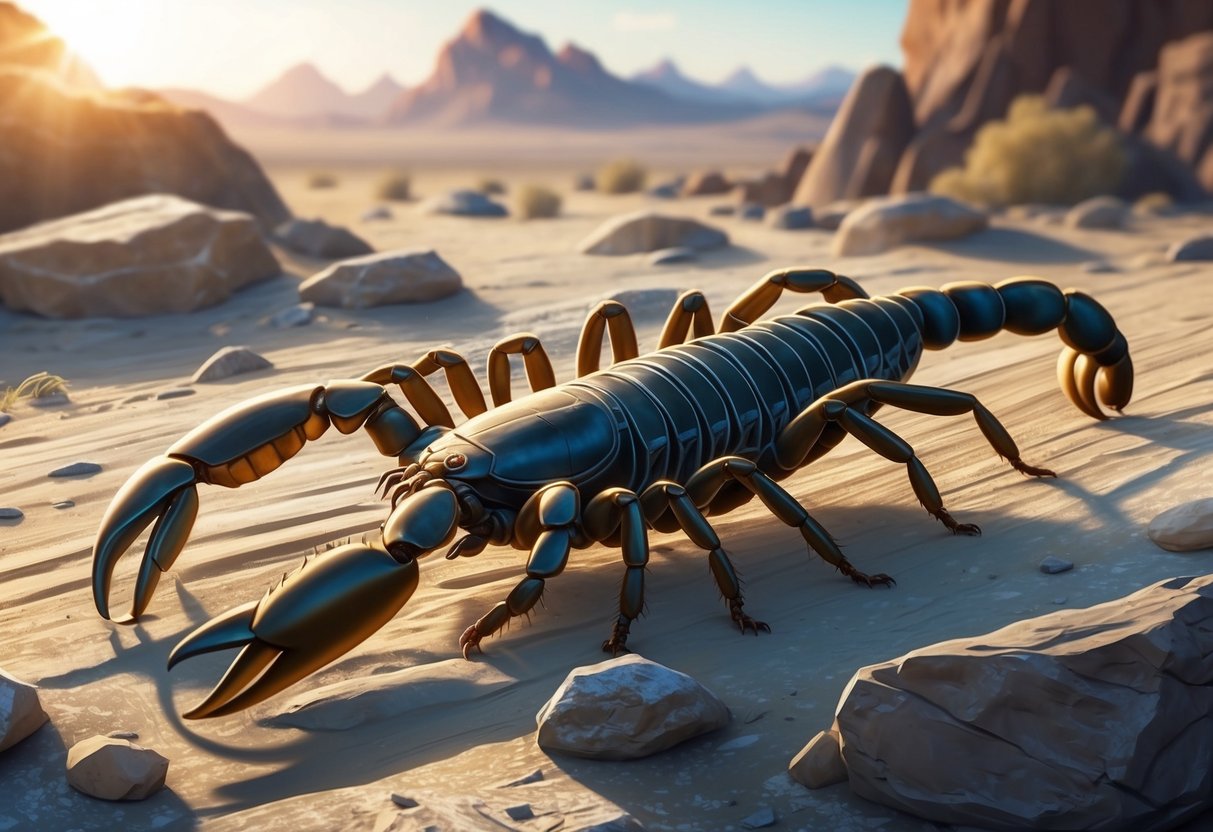 A scorpion scuttles across a rocky desert landscape, its segmented body and menacing pincers highlighted by the harsh sunlight