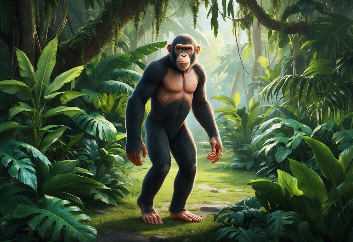 A bipedal ape, resembling a modern human, standing in a lush, jungle environment