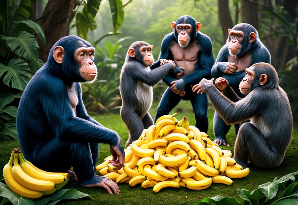 Lucy the ape sits beside a pile of bananas, observing a group of her fellow apes playing and grooming each other