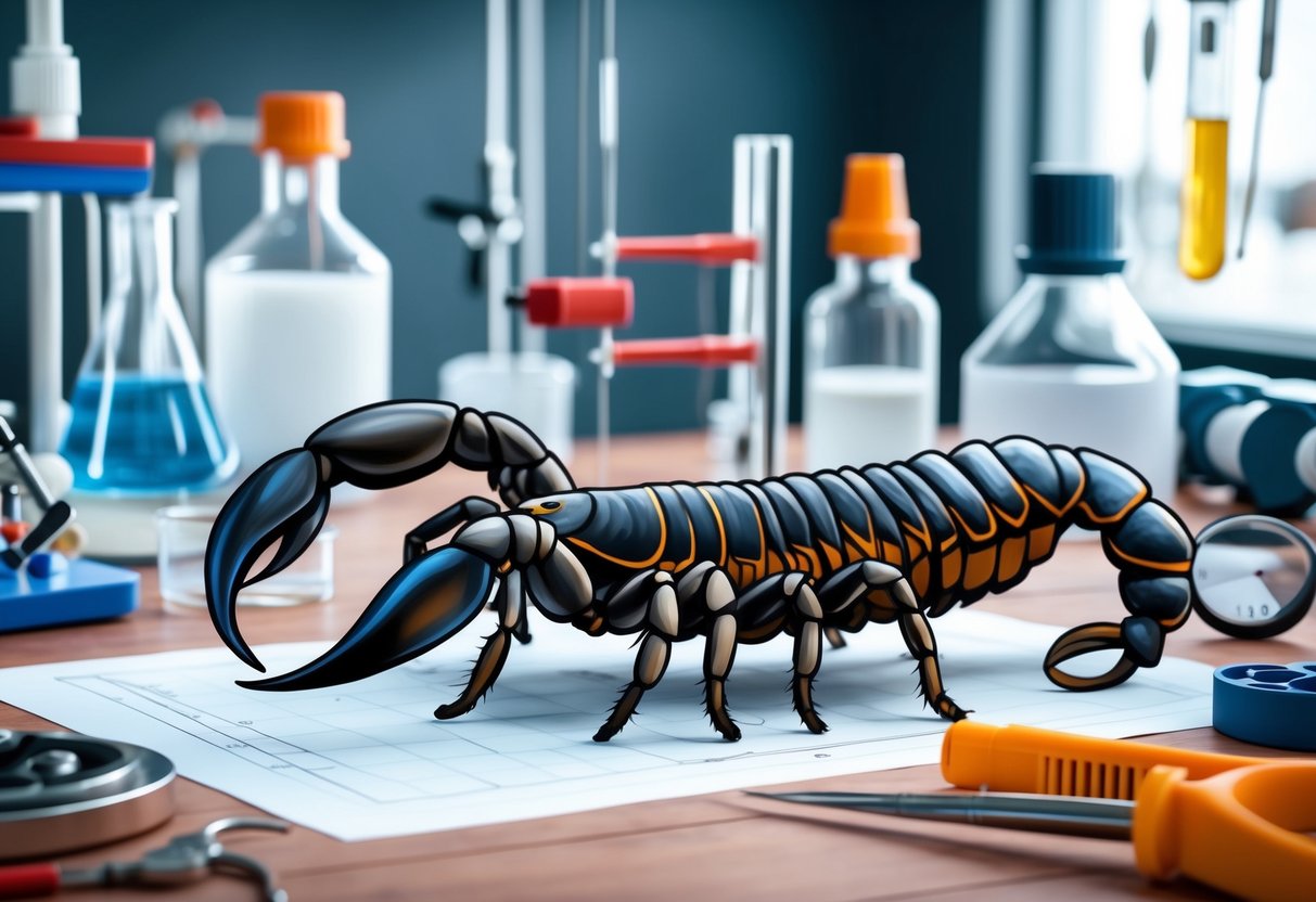 A scorpion crawling through a laboratory setting with scientific equipment and tools in the background