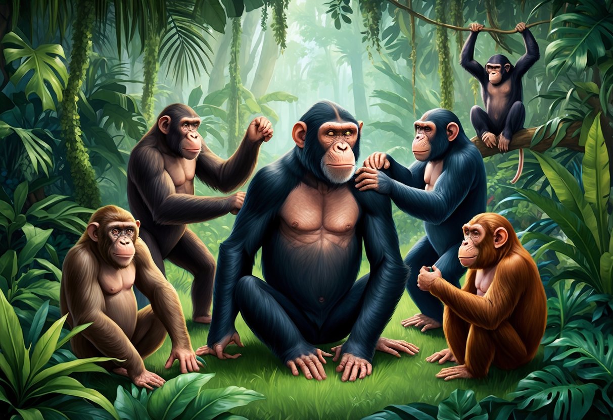 Lucy the ape sits in a lush jungle, surrounded by other apes.</p><p>They engage in social grooming and playful interactions, highlighting the strong social and cultural impact within their community