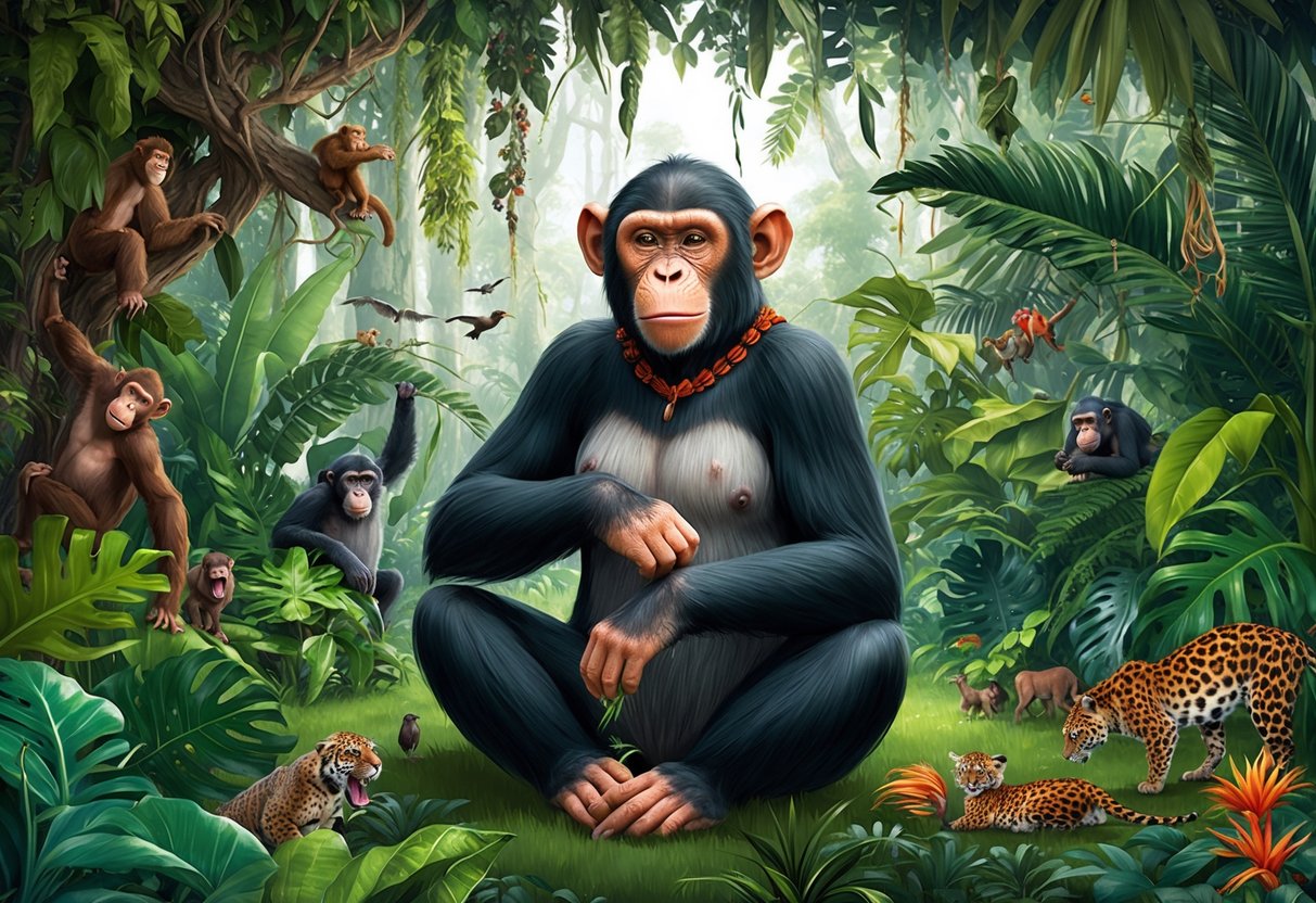 Lucy the ape sits in a lush jungle, surrounded by diverse plant life and wildlife.</p><p>She is engaged in activities that reflect her natural behavior and habitat