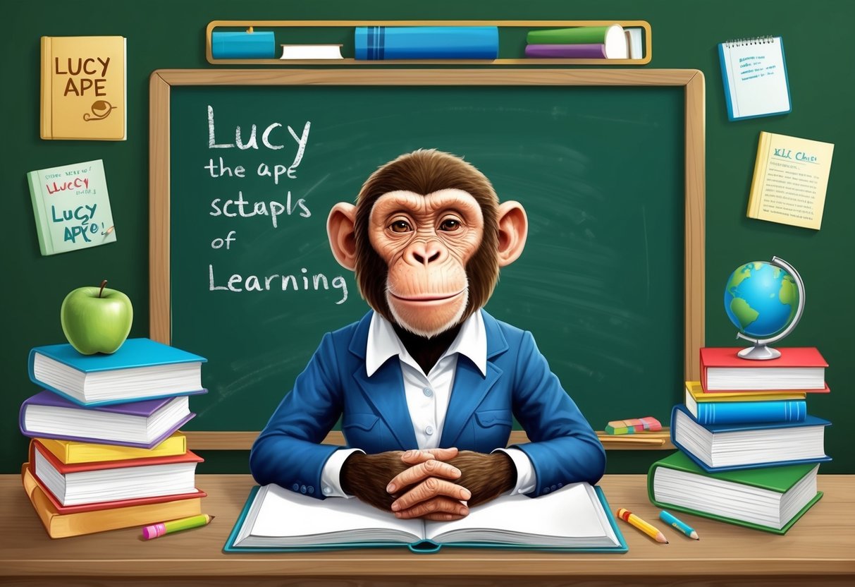 Lucy the ape sits in front of a chalkboard, surrounded by books and educational materials.</p><p>She looks engaged and focused on learning