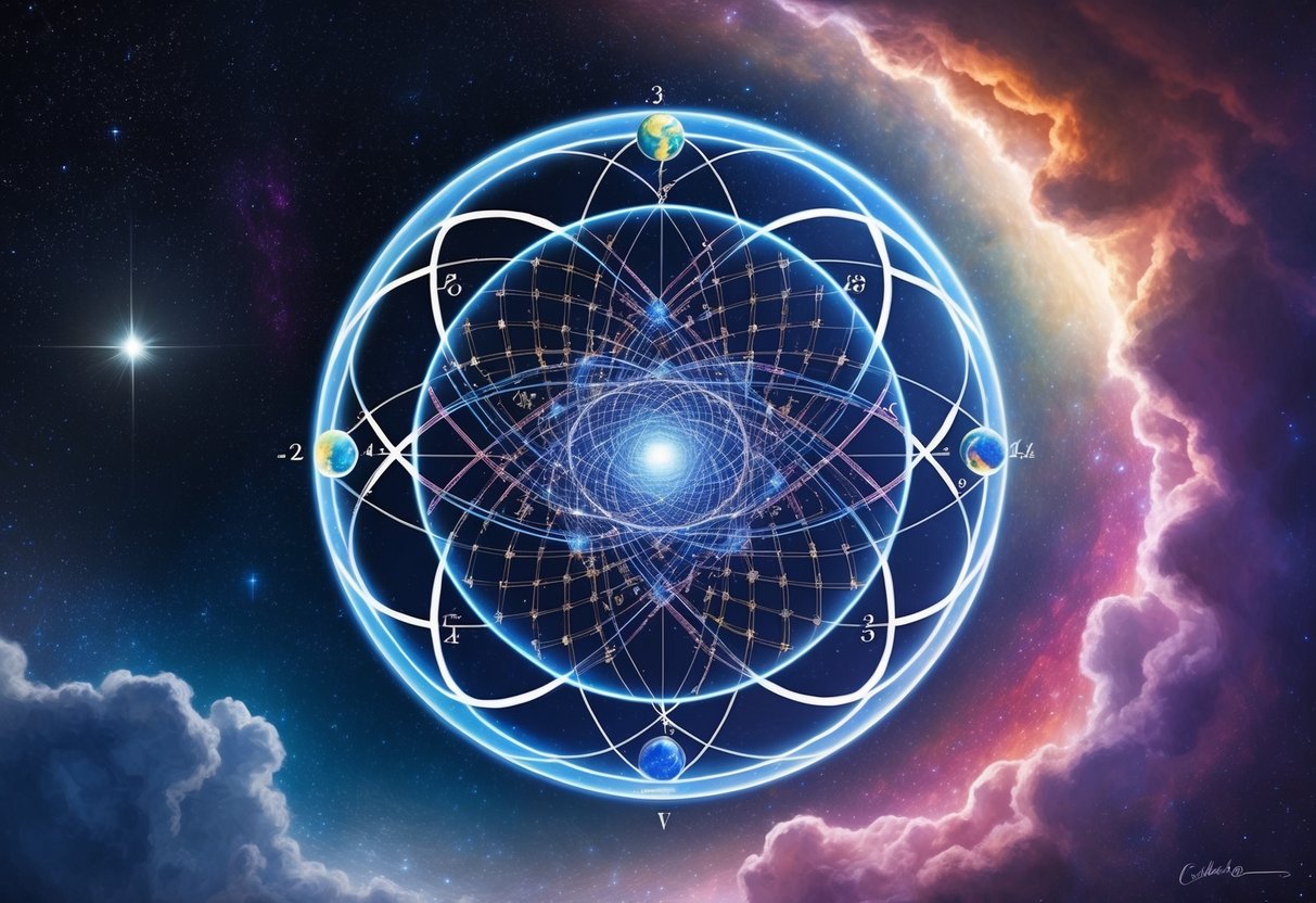 A celestial equation intertwines with the fabric of space, revealing the divine symmetry of the universe