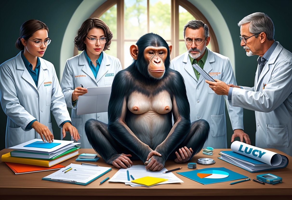 A female ape named Lucy sits surrounded by research materials and scientists, pondering questions with a curious expression