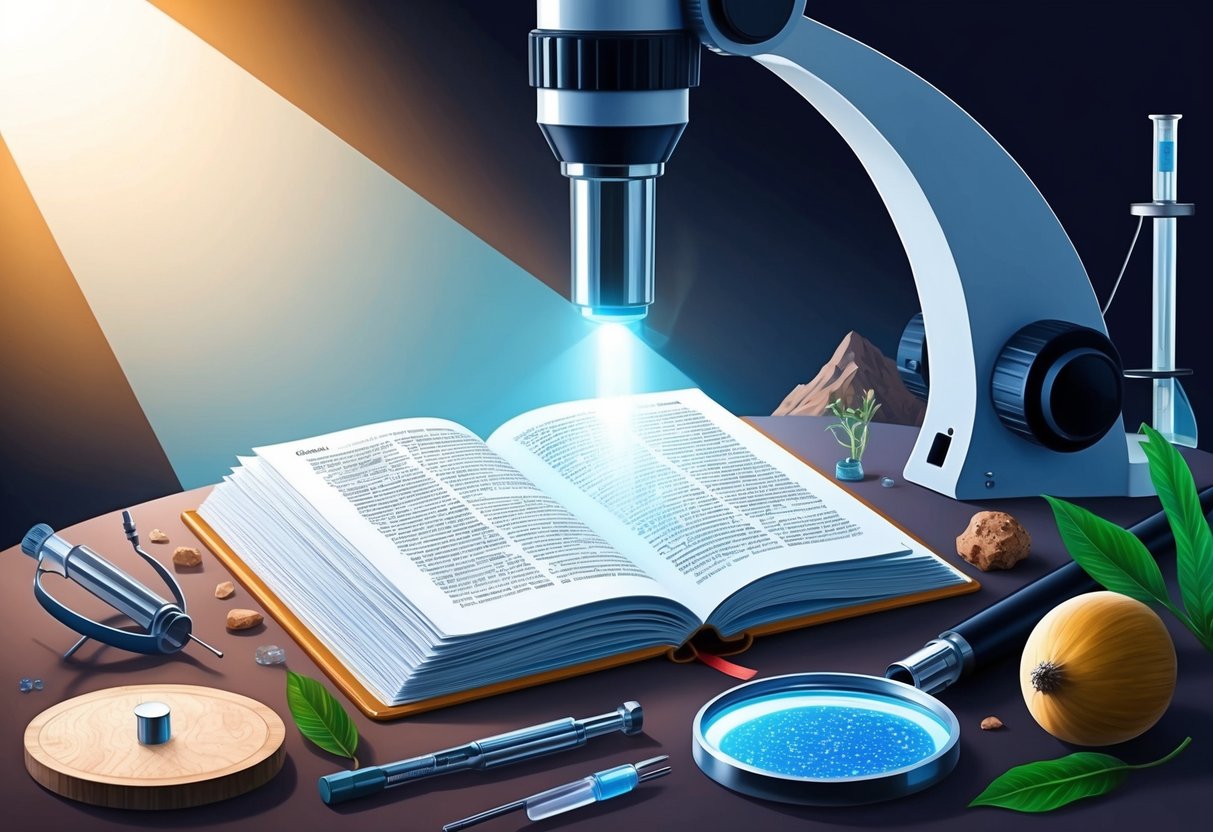 A beam of light shining through a microscope onto an open book, surrounded by scientific instruments and natural elements