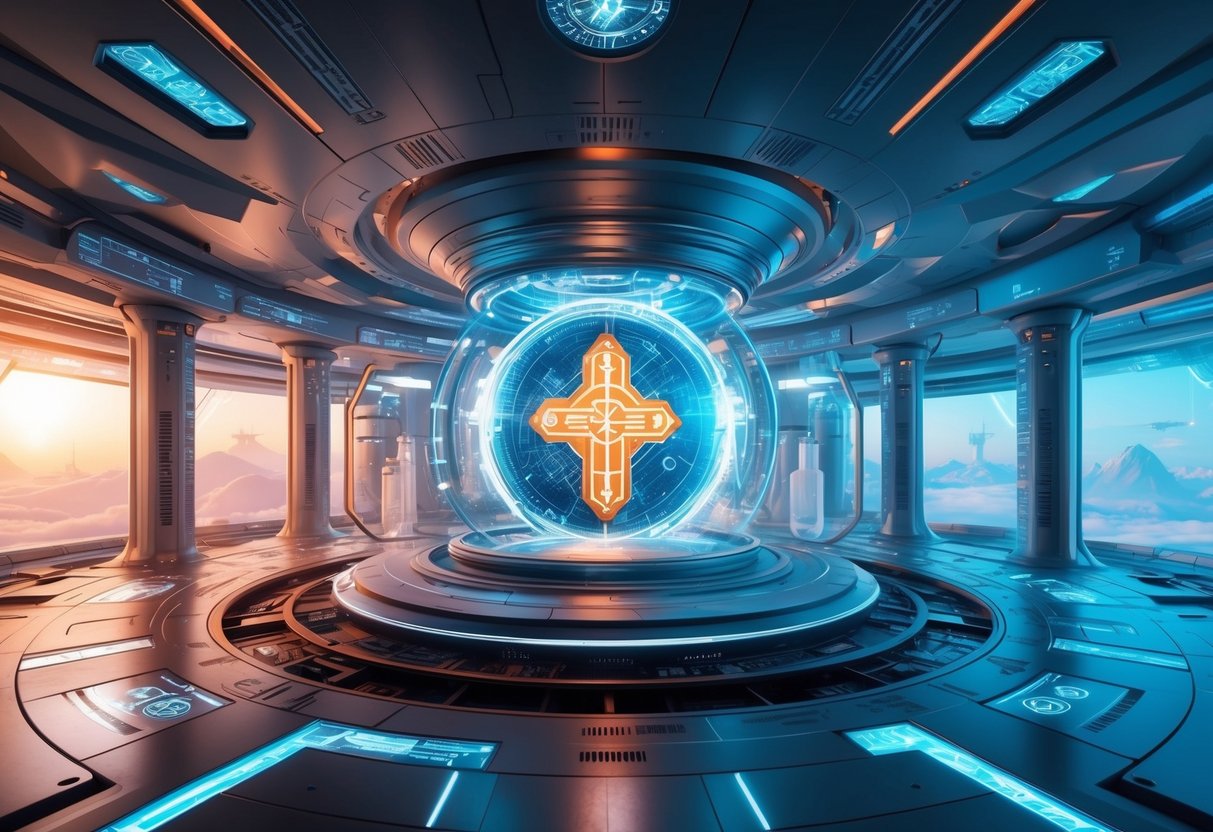 A futuristic laboratory with advanced technology and religious symbols merging to represent the intersection of science and belief