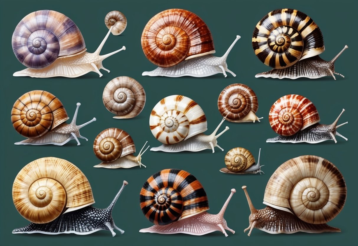 A variety of snail species with different shell shapes and sizes, showcasing their unique teeth structures