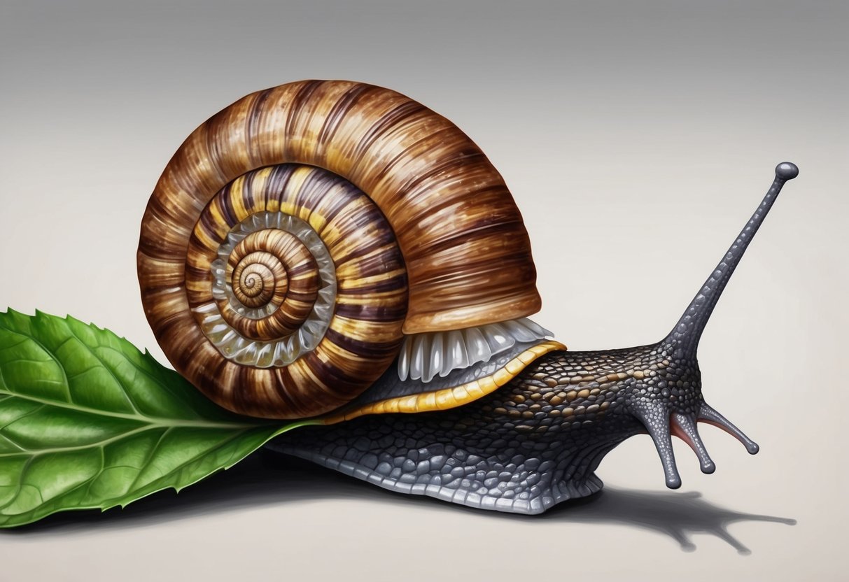 A snail with its mouth open, revealing rows of tiny, translucent teeth, munching on a leaf