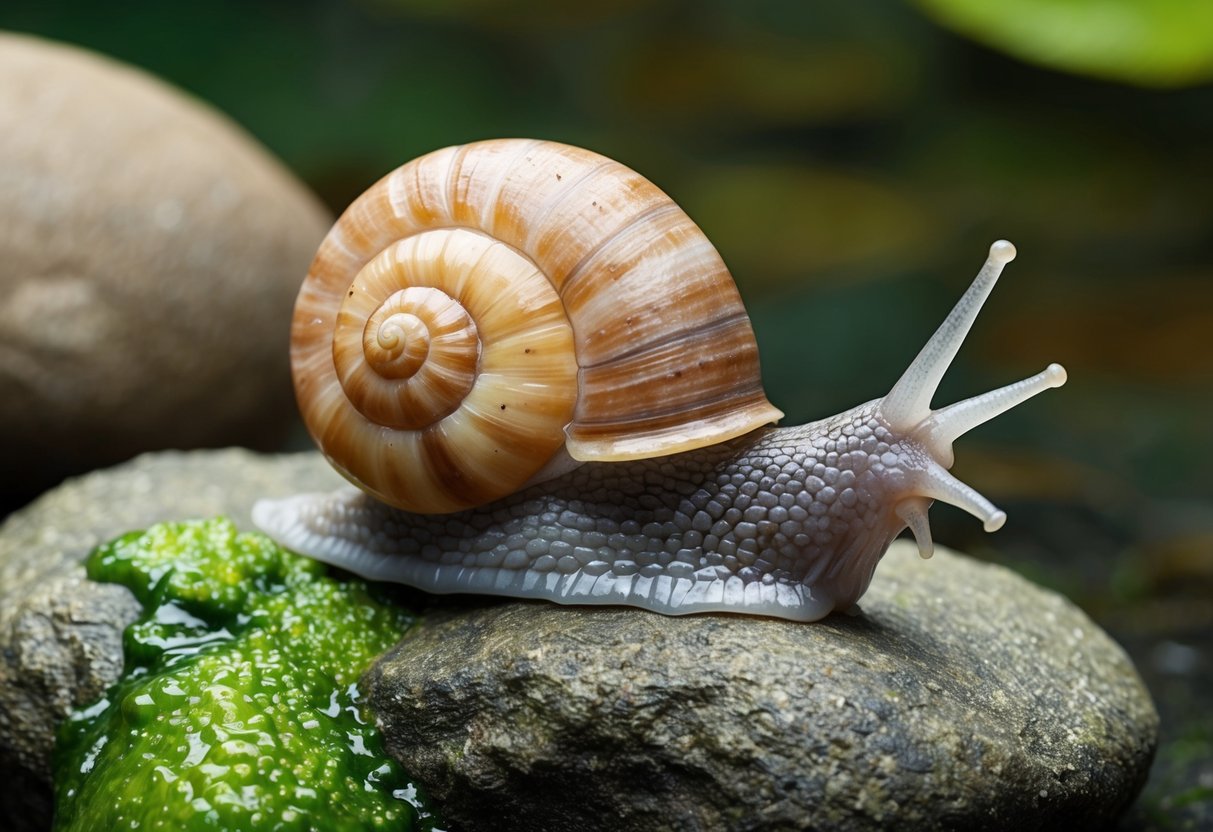 A snail slowly scraping algae off a rock with its tiny, jagged teeth