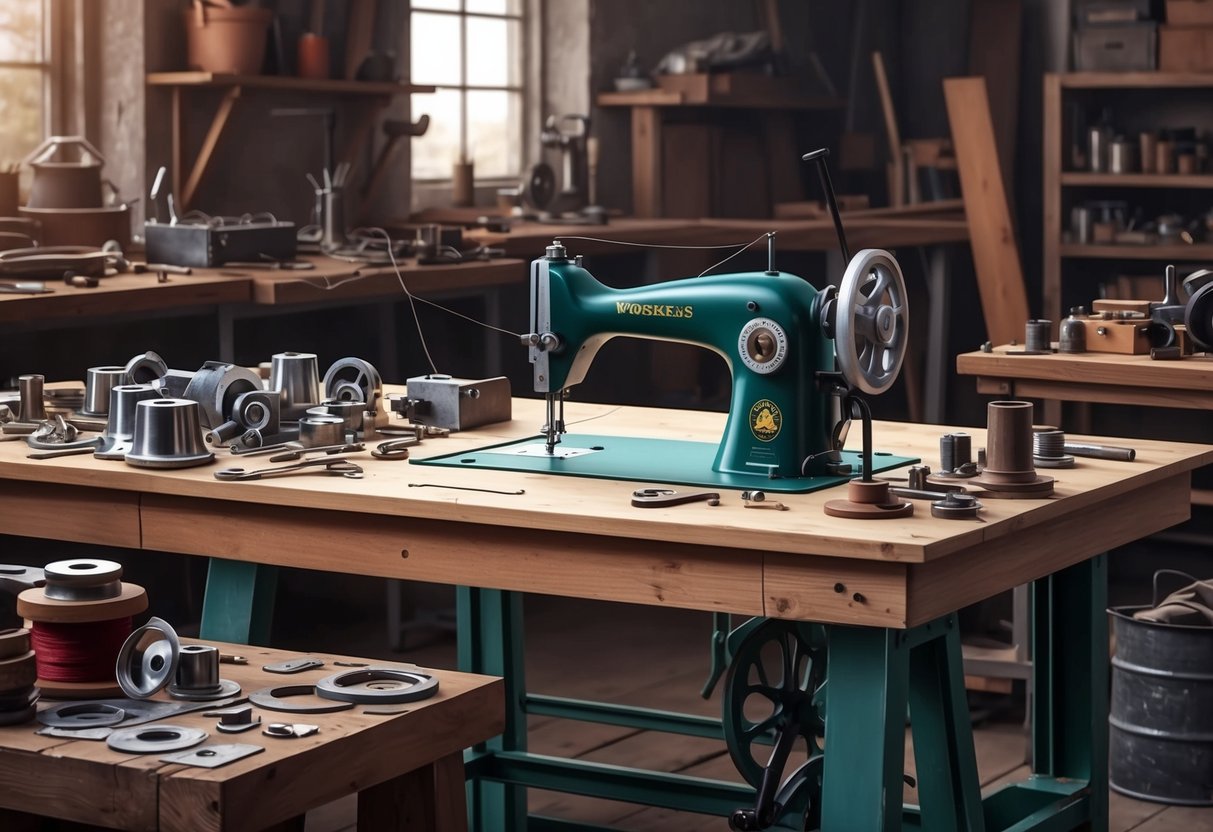 A cluttered workshop with a wooden workbench, scattered metal parts, and a prototype sewing machine in progress