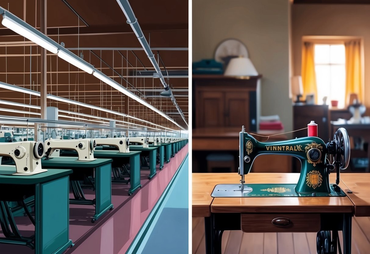 A busy factory floor with rows of industrial sewing machines and a cozy home sewing room with a vintage machine on a wooden table