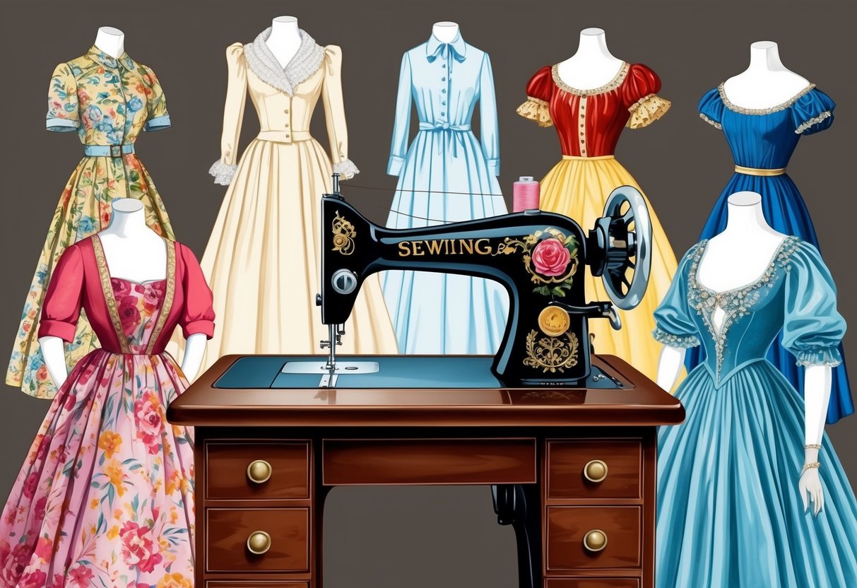 A sewing machine surrounded by fashionable clothing from different time periods