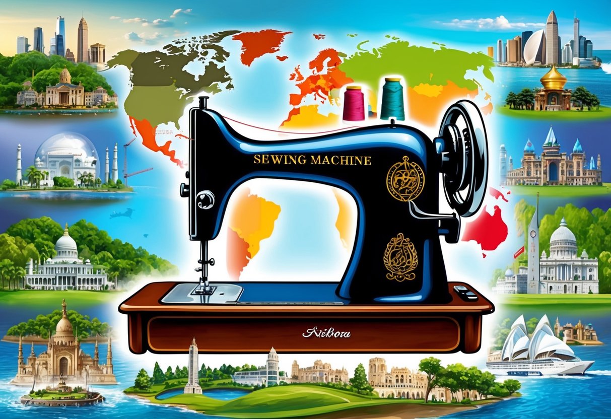 A sewing machine surrounded by diverse global landmarks and symbols, representing its impact and expansion worldwide