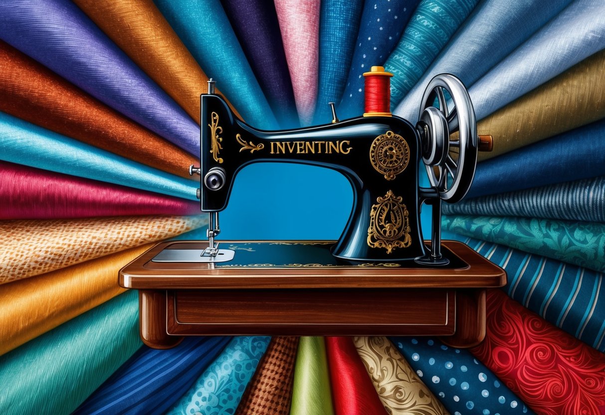 A sewing machine surrounded by diverse fabrics, representing the cultural and social impacts of its invention