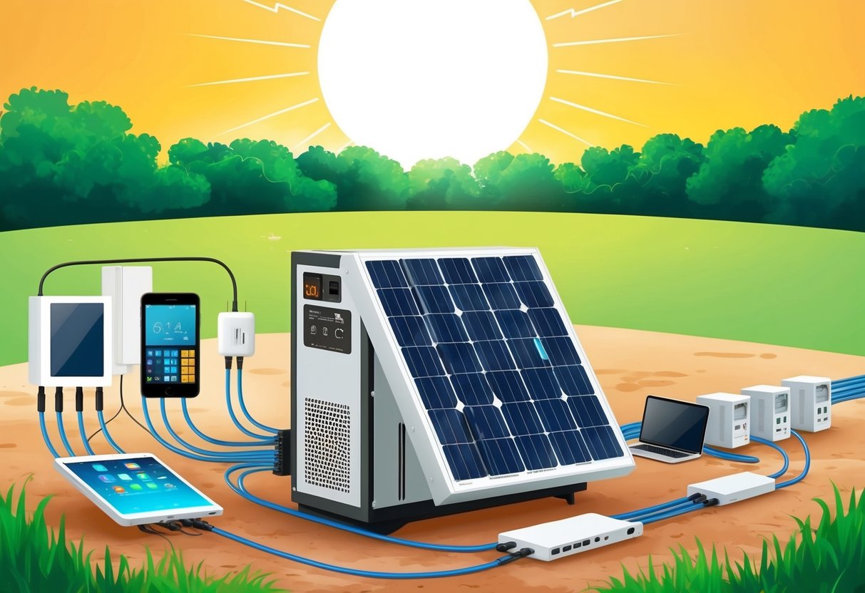 A solar generator sits outdoors, connected to multiple electronic devices, with the sun shining overhead, producing power