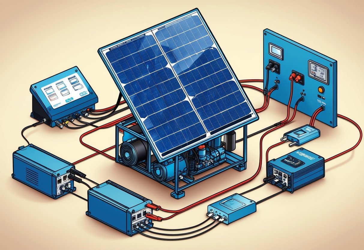 A solar generator surrounded by various electronic devices, with cables connecting them and a control panel displaying different settings