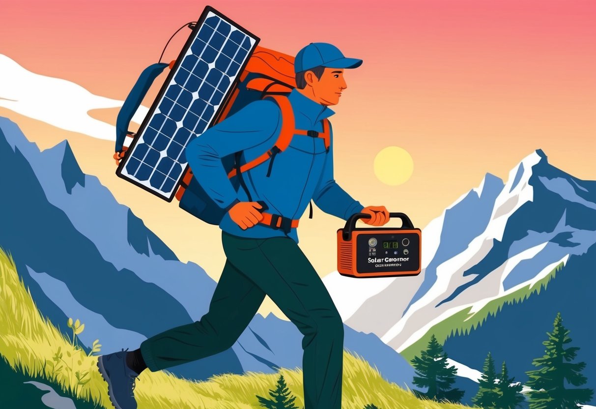 A person carrying a compact solar generator while hiking in the mountains