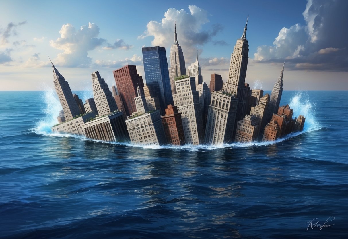 The city of New York sinking into the ocean, with buildings tilting and water rising