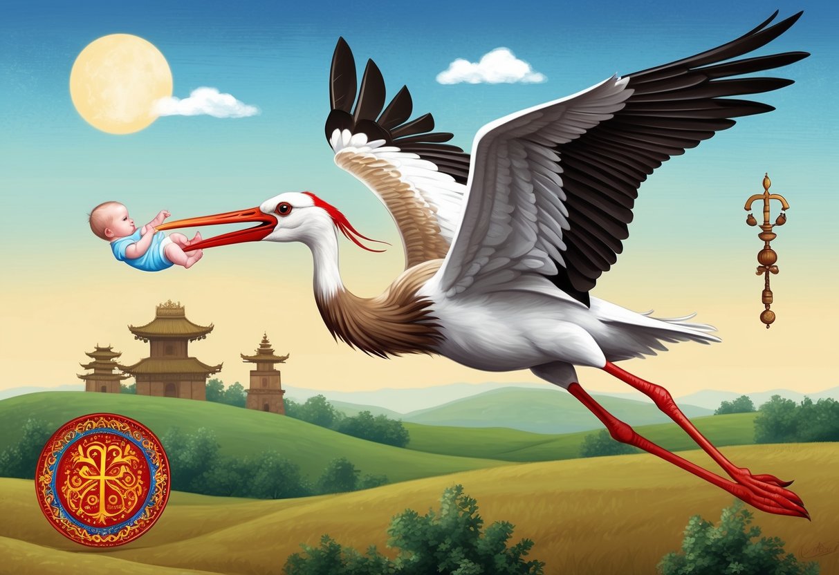 A stork holding a baby in its beak, flying over a landscape with traditional cultural symbols