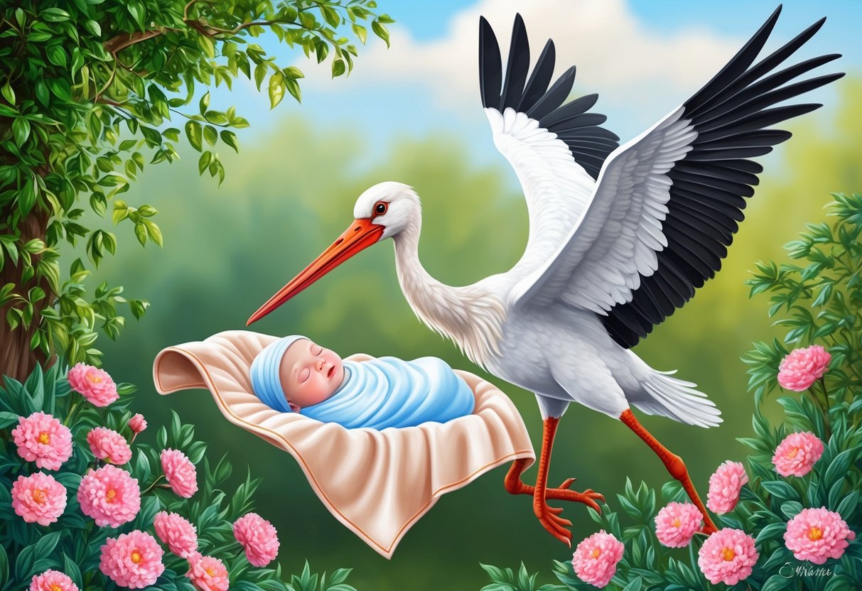 A stork gracefully delivers a baby wrapped in a soft blanket, surrounded by lush greenery and blooming flowers