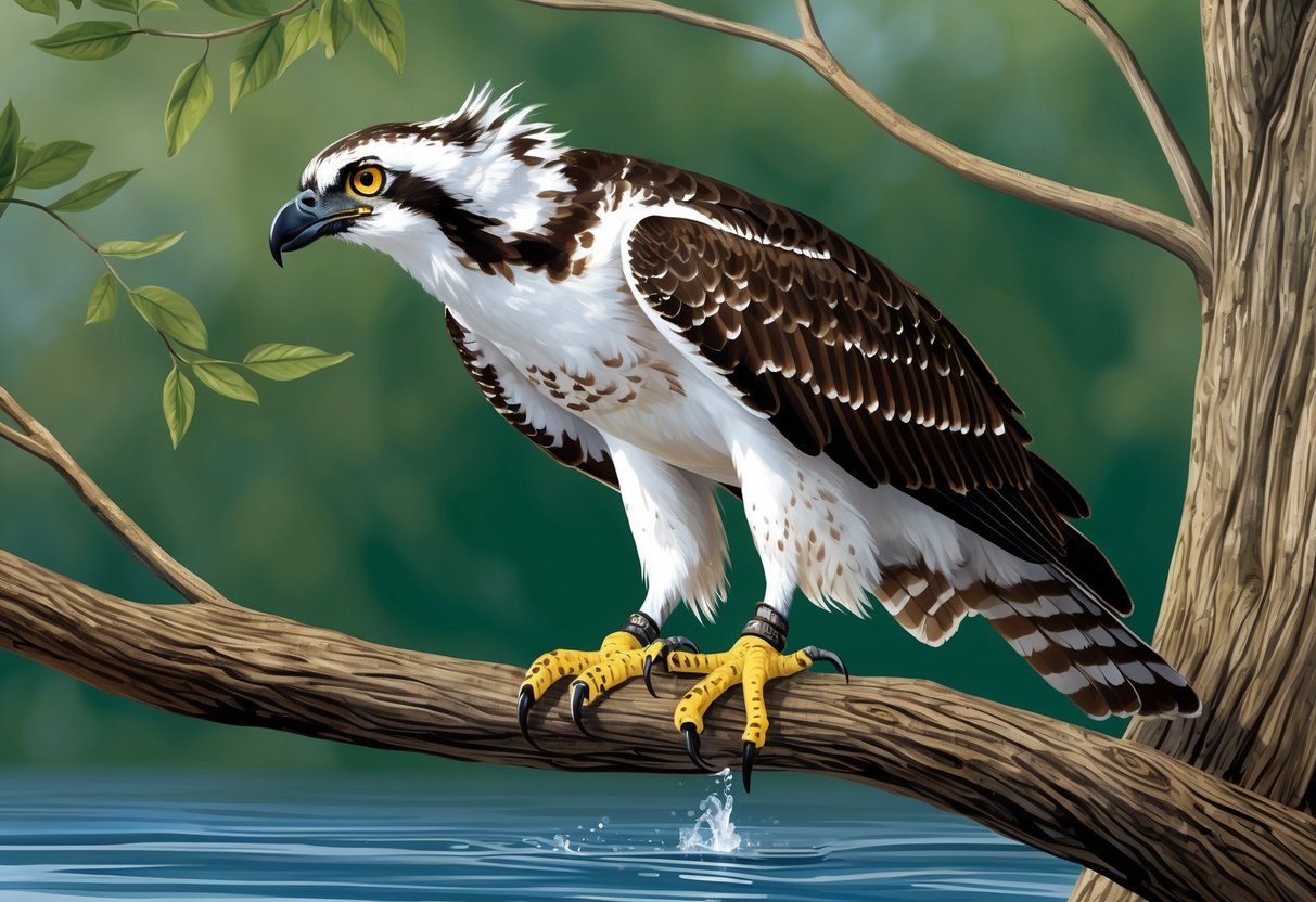 An osprey perched on a tree branch, with sharp talons and a hooked beak, scanning the water below with intense yellow eyes