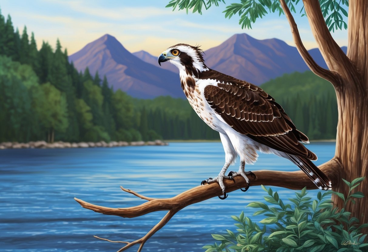 An osprey perched on a tree branch overlooking a body of water, with mountains in the background