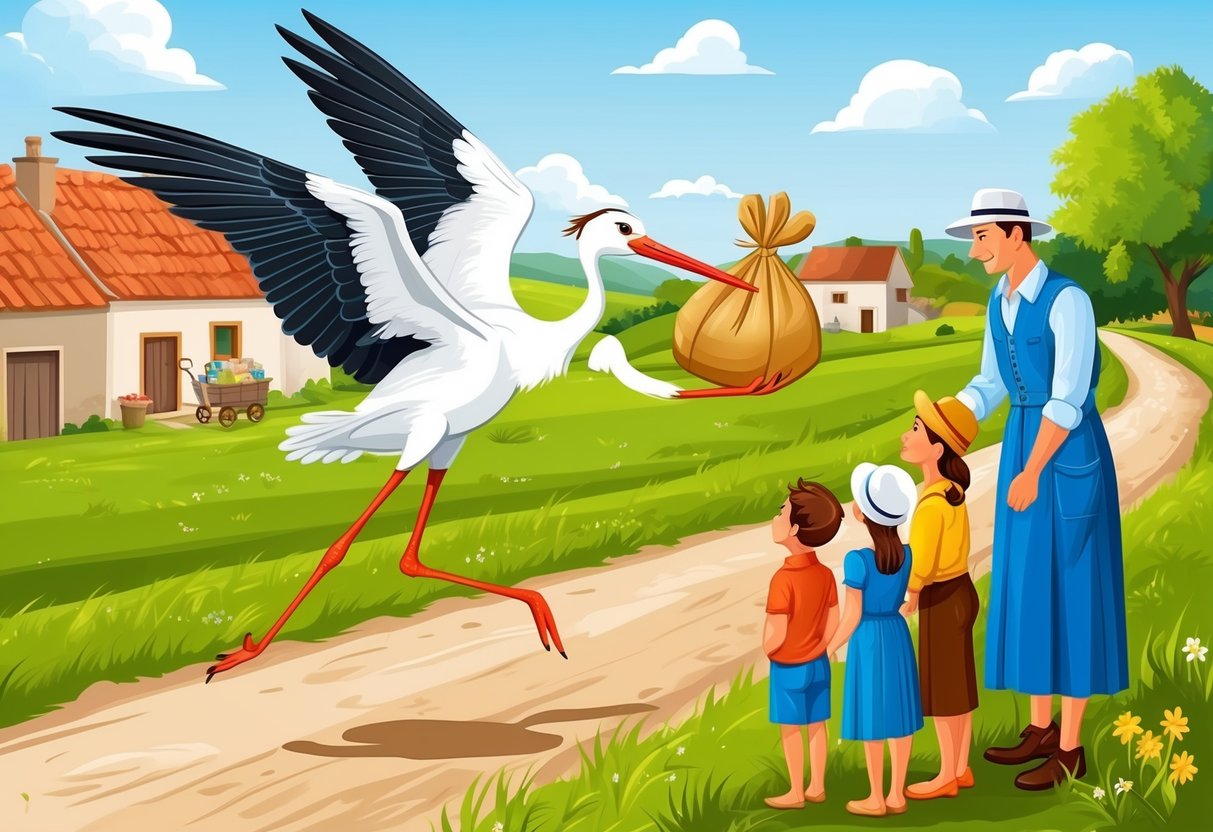 A stork gracefully delivers a bundle to a waiting family in a rural setting