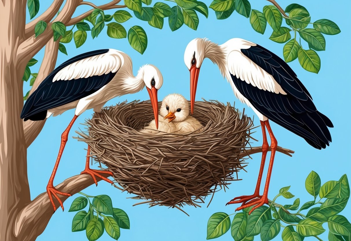 A stork nest perched high in a leafy tree, with a parent stork feeding a fluffy baby in the nest