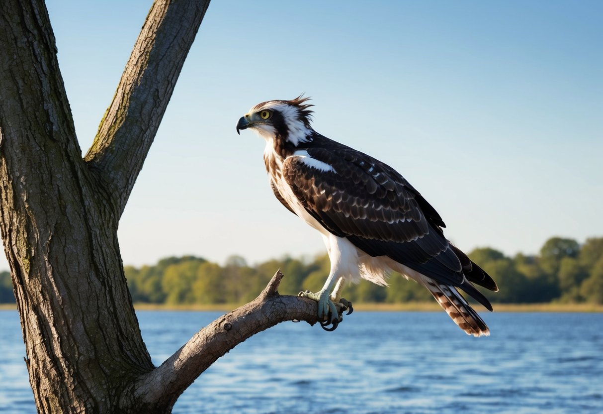 An osprey perched on a tall tree branch, scanning the water below for fish.</p><p>The sunlight reflects off its white belly and dark wings