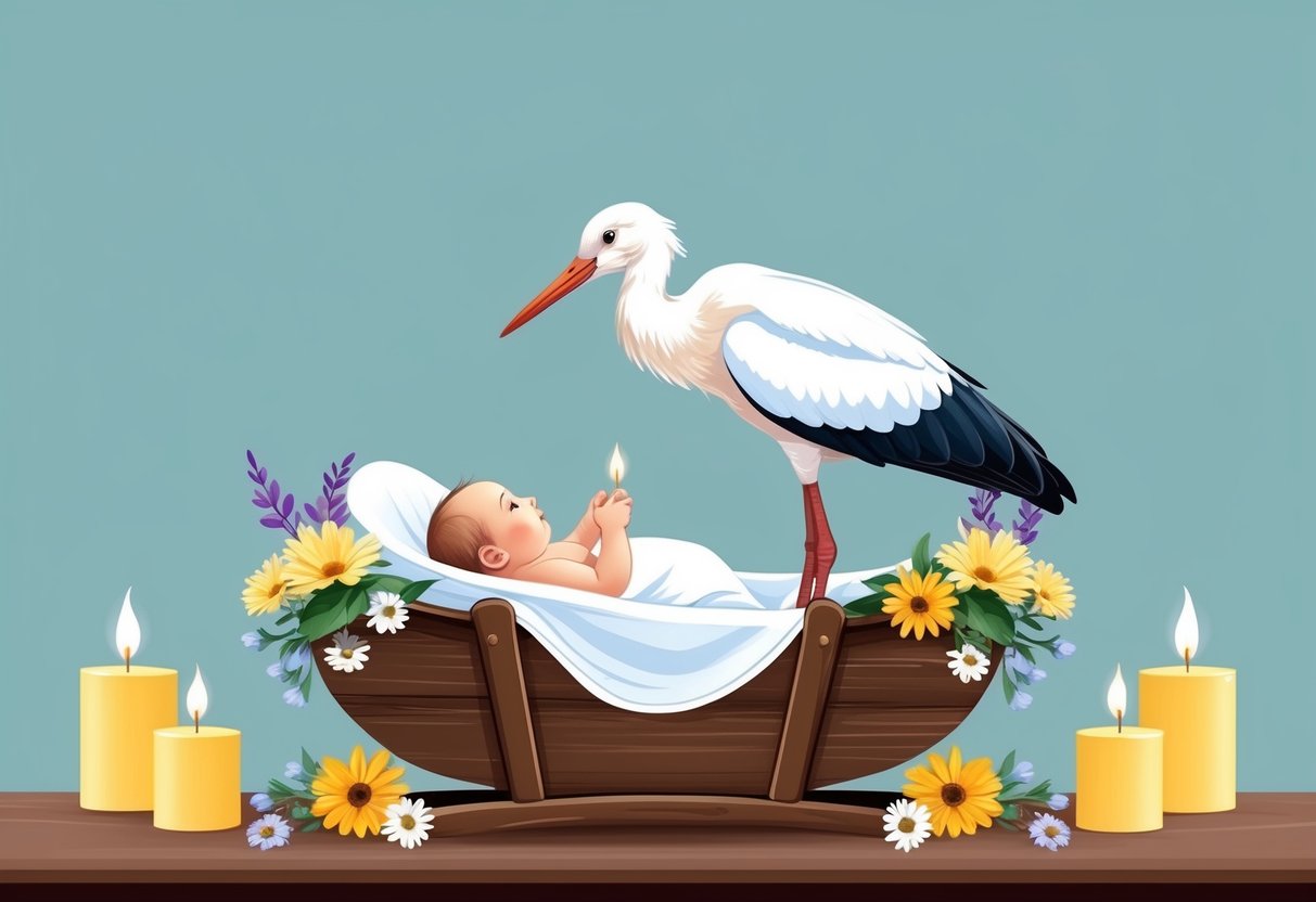 A stork perched atop a cradle, surrounded by flowers and candles, as a symbol of birth and new life