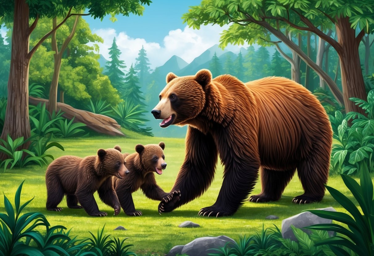 A sun bear and her cubs play in a lush forest clearing