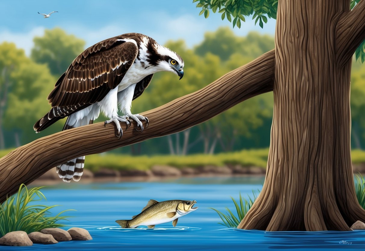 An osprey perches on a tree branch, eyeing a fish in the water below