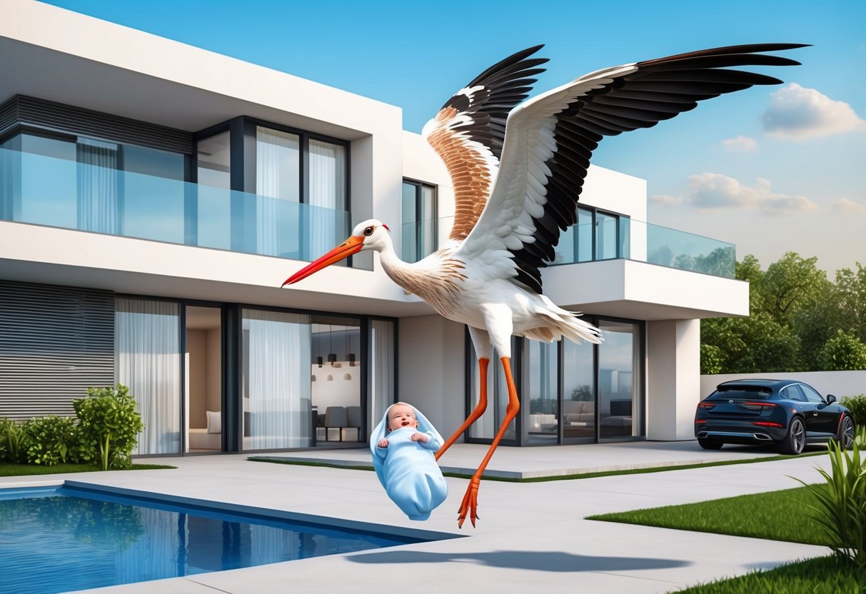 A stork delivering a baby to a modern home with sleek architecture and technology