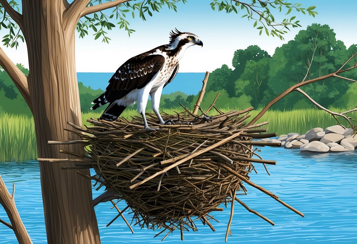 An osprey constructs a large nest on a high tree branch near a body of water, using sticks and twigs to engineer a sturdy habitat