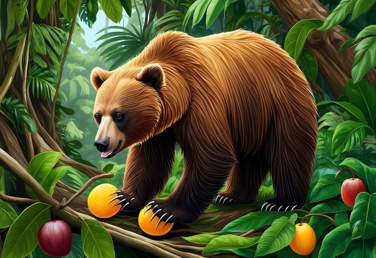 A sun bear forages for fruit in a lush rainforest, using its long claws to grasp and its keen sense of smell to locate food