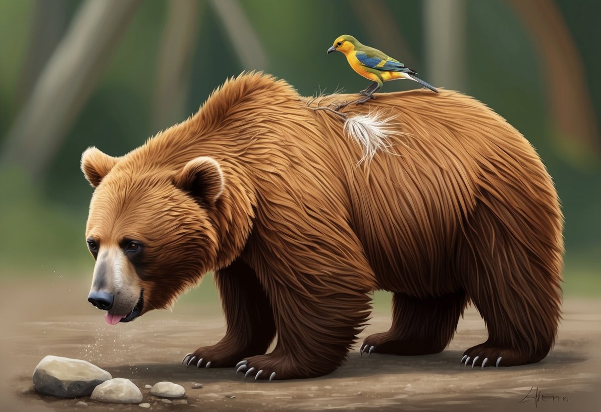 A sun bear sniffs at the ground, while a small bird perches on its back, picking parasites from its fur