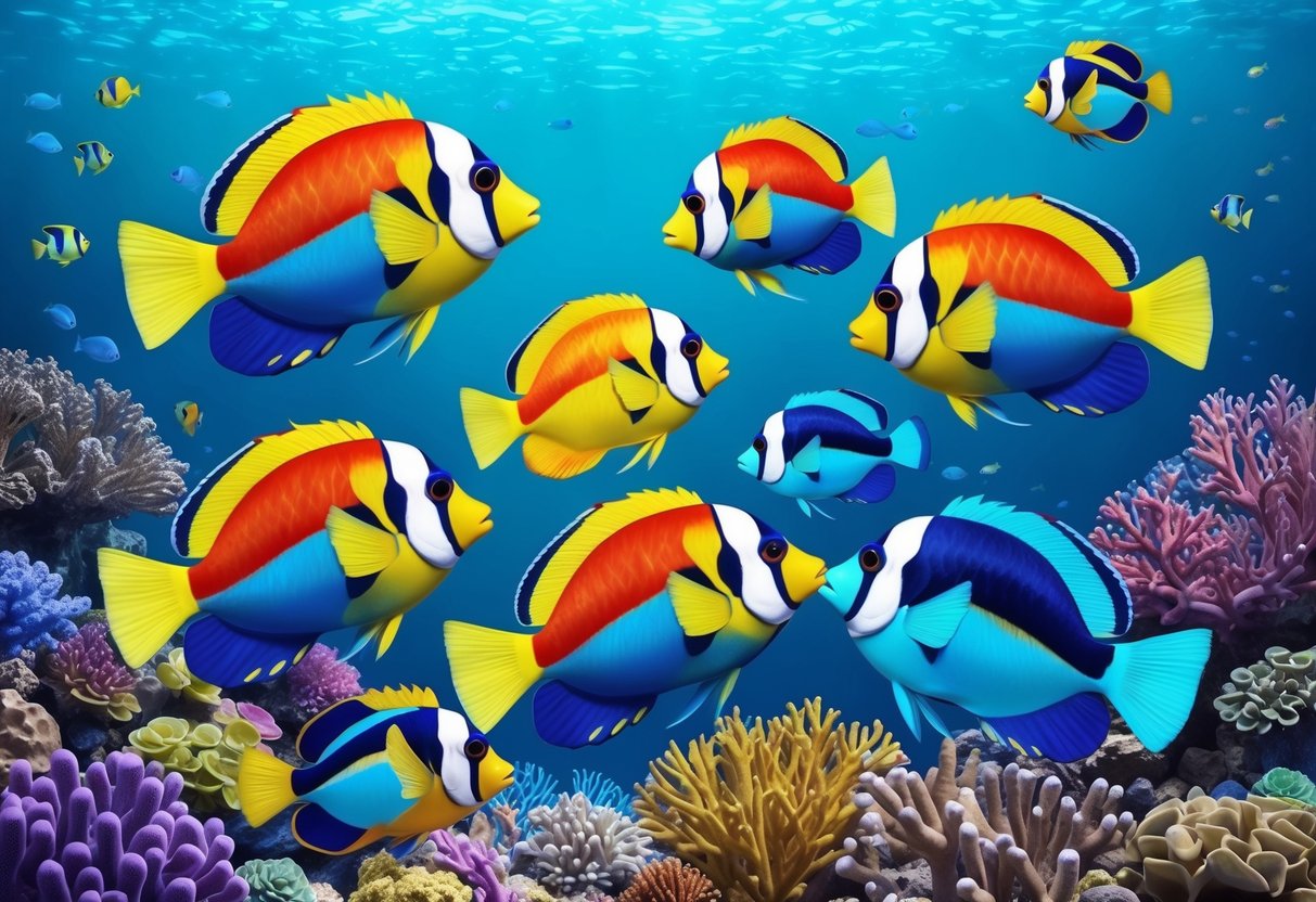 A group of colorful parrot fish swimming together in a coral reef, interacting with each other and their environment