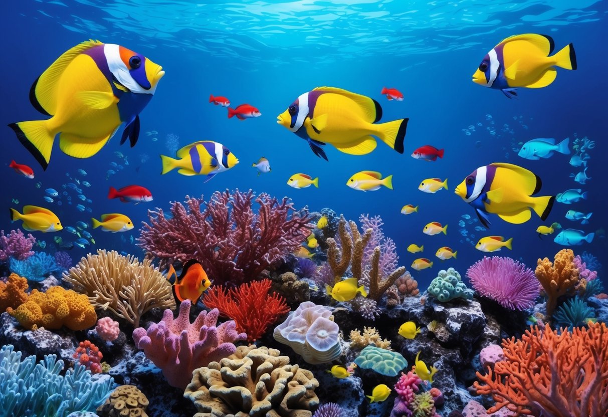 A vibrant coral reef with parrot fish swimming among the colorful marine life