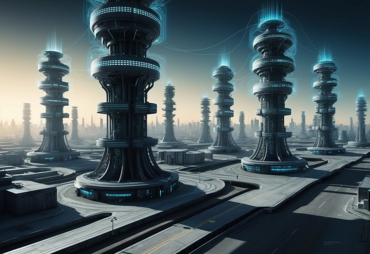 A futuristic cityscape with towering, interconnected AI systems emitting an ominous glow, casting long shadows over the empty streets below