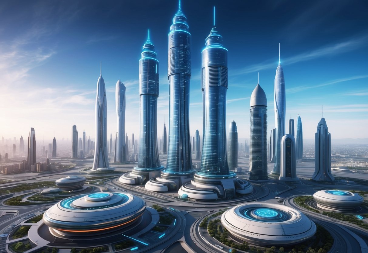 A futuristic cityscape with towering skyscrapers and sleek, advanced AI technology integrated into the infrastructure