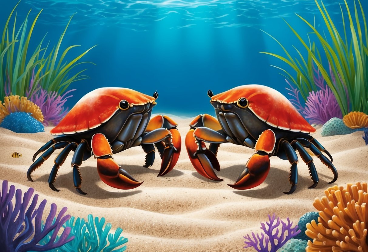 Two pom pom crabs mating on a sandy ocean floor, surrounded by colorful coral and seagrass