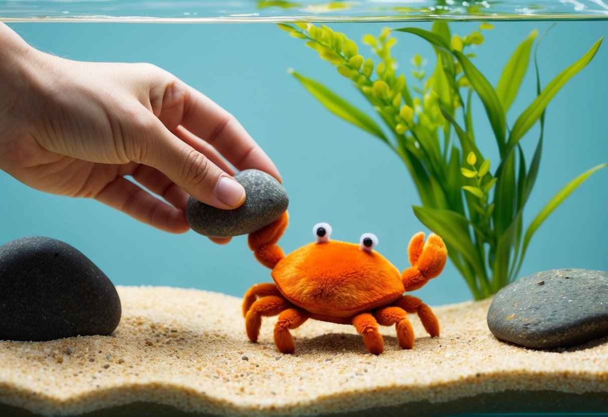 A hand placing rocks and plants in a glass aquarium.</p><p>A small pom pom crab scuttles across the sand