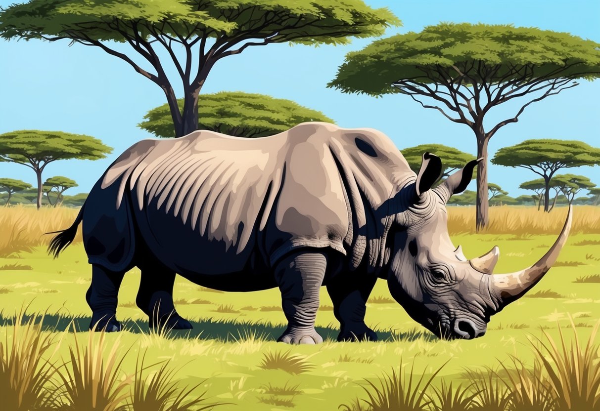 A west African black rhinoceros grazing in a lush savanna surrounded by tall grass and acacia trees