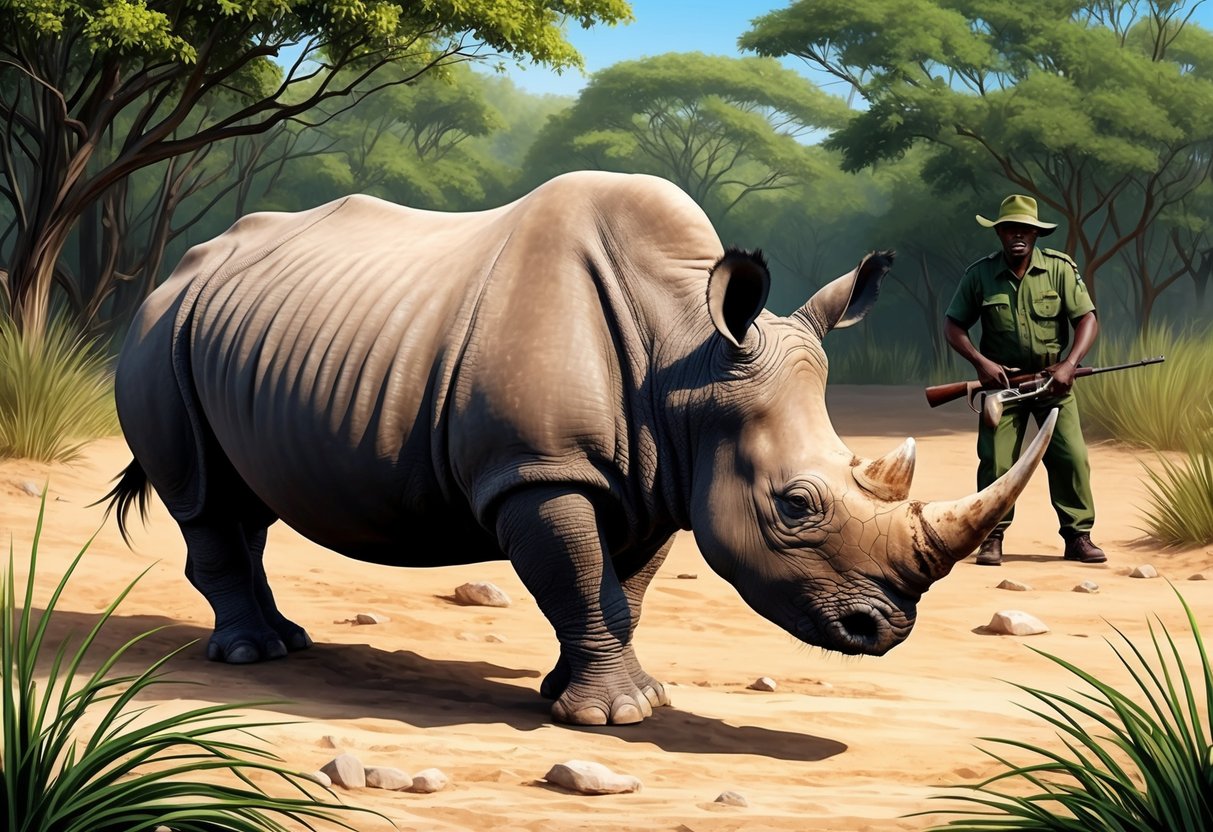 A West African black rhinoceros faces poachers in its natural habitat