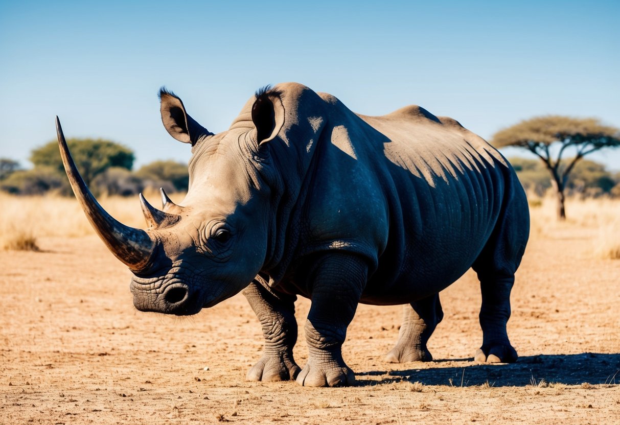 A west African black rhinoceros standing in a dry savanna, with its distinctive hooked upper lip and two pointed horns