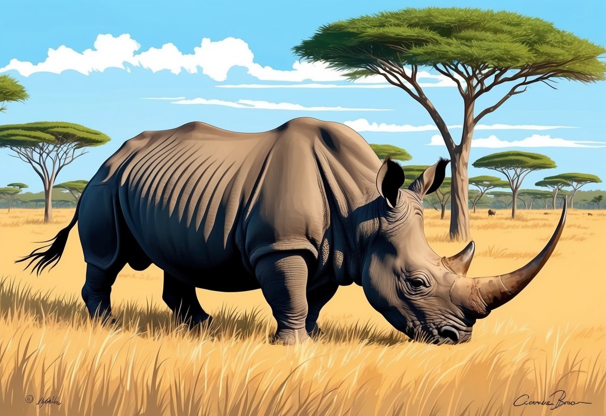 A west African black rhinoceros grazing in the savanna, surrounded by tall grass and acacia trees