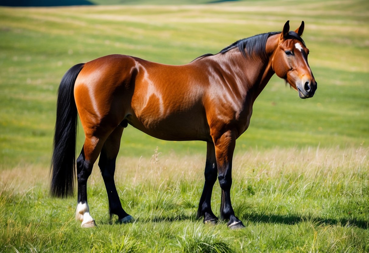 A Przewalski's horse standing gracefully in a grassy meadow, its muscular body and distinct dun coat catching the sunlight