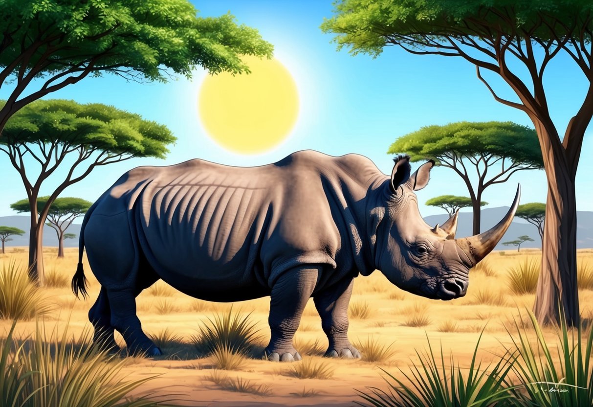 A west African black rhinoceros standing in its natural savanna habitat, surrounded by tall grass and acacia trees under a bright sun