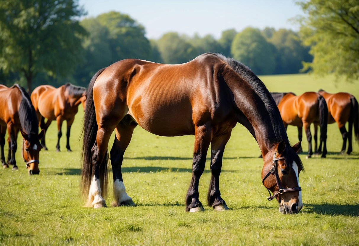 A przewalski horse grazes peacefully in a sunlit meadow, surrounded by a small herd of its kind